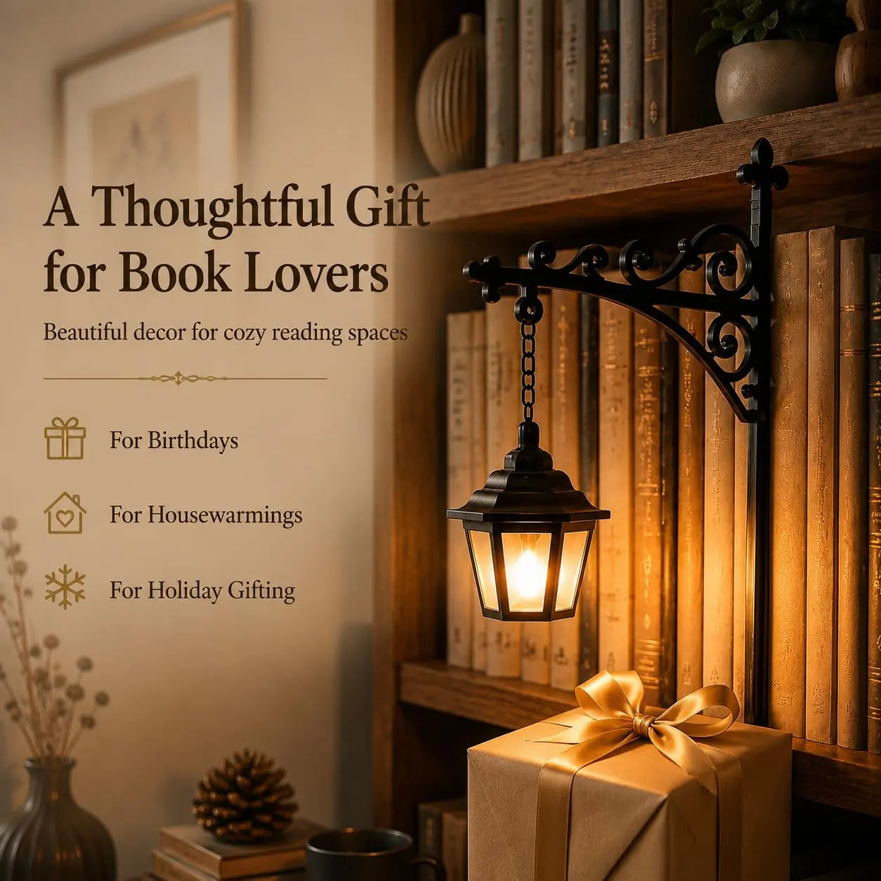Library Lantern-Decorative Bookshelf Lighting, Miniature Hanging Shelf Lamp, Warm LED Nightlight, Reading Nook Literary Decor,Halloween Christmas Decorations