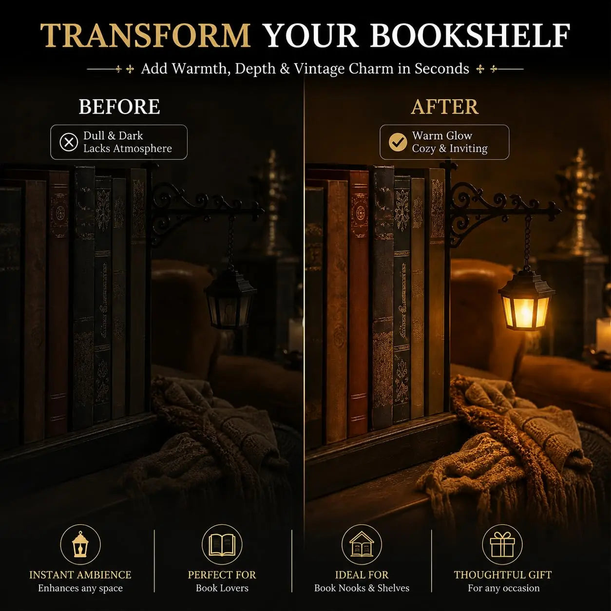 Library Lantern-Decorative Bookshelf Lighting, Miniature Hanging Shelf Lamp, Warm LED Nightlight, Reading Nook Literary Decor,Halloween Christmas Decorations